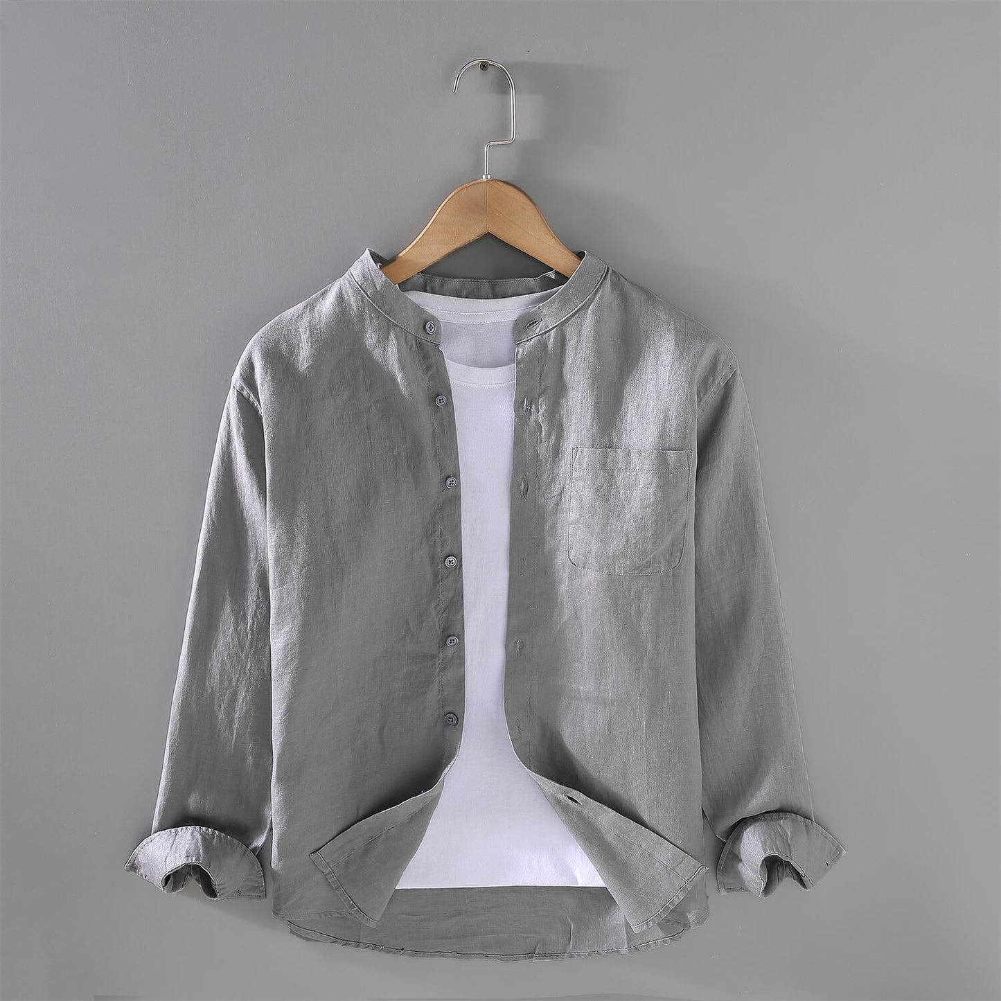 Vintage Linen Long Sleeve Stand Collar Shirt