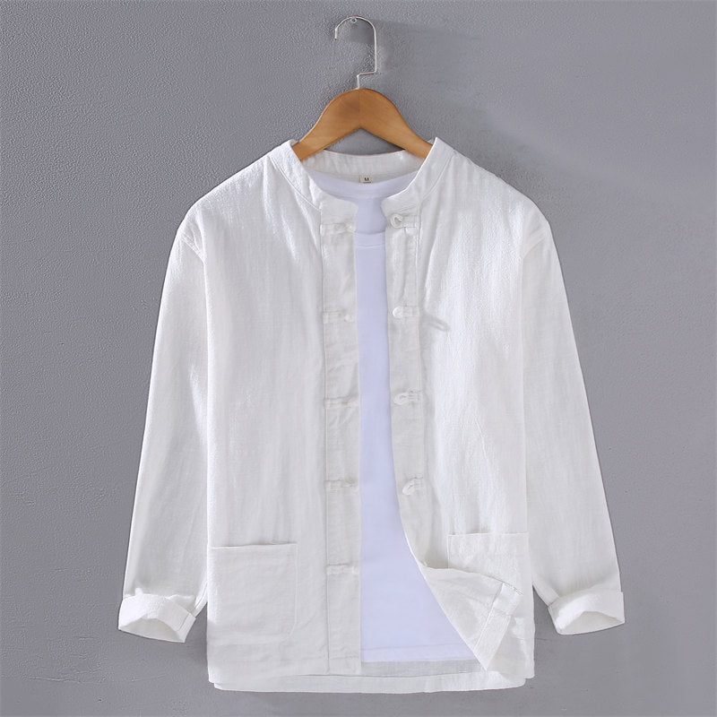 Stand Collar Cotton Linen Long Sleeve Shirt