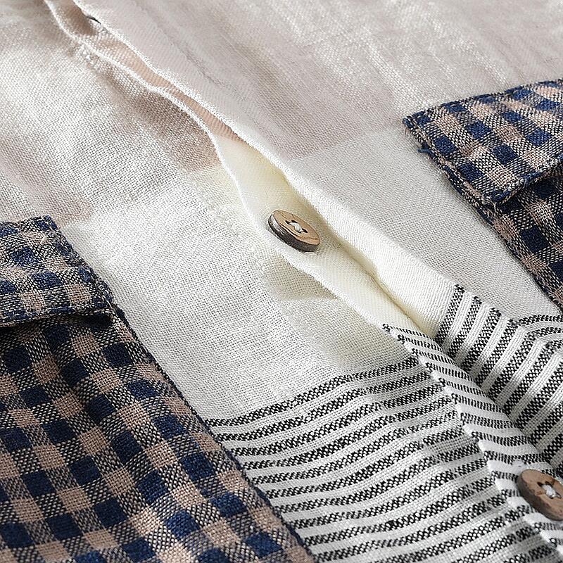 Striped Linen Shirt - Stand Collar, Half Sleeve